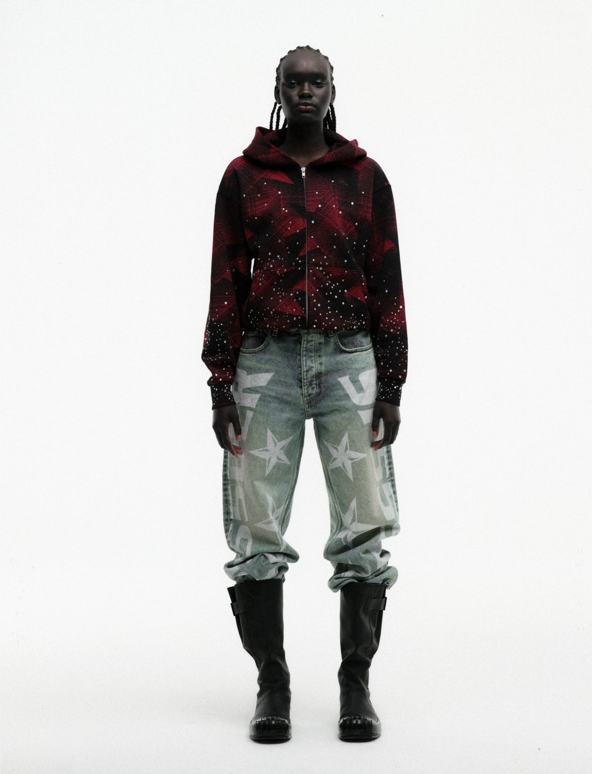 Sp5der Star Plaid Full Zip Hoodie - Black