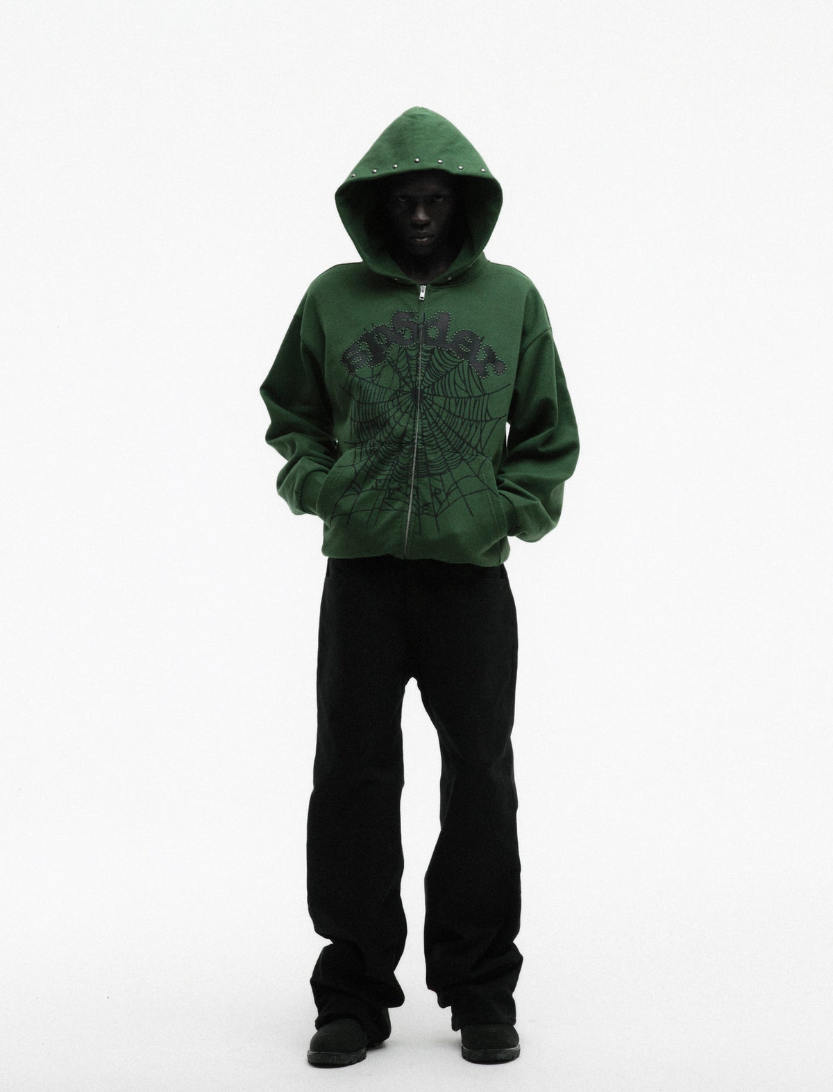 Sp5der Og Web Studded Zip Hoodie - Green