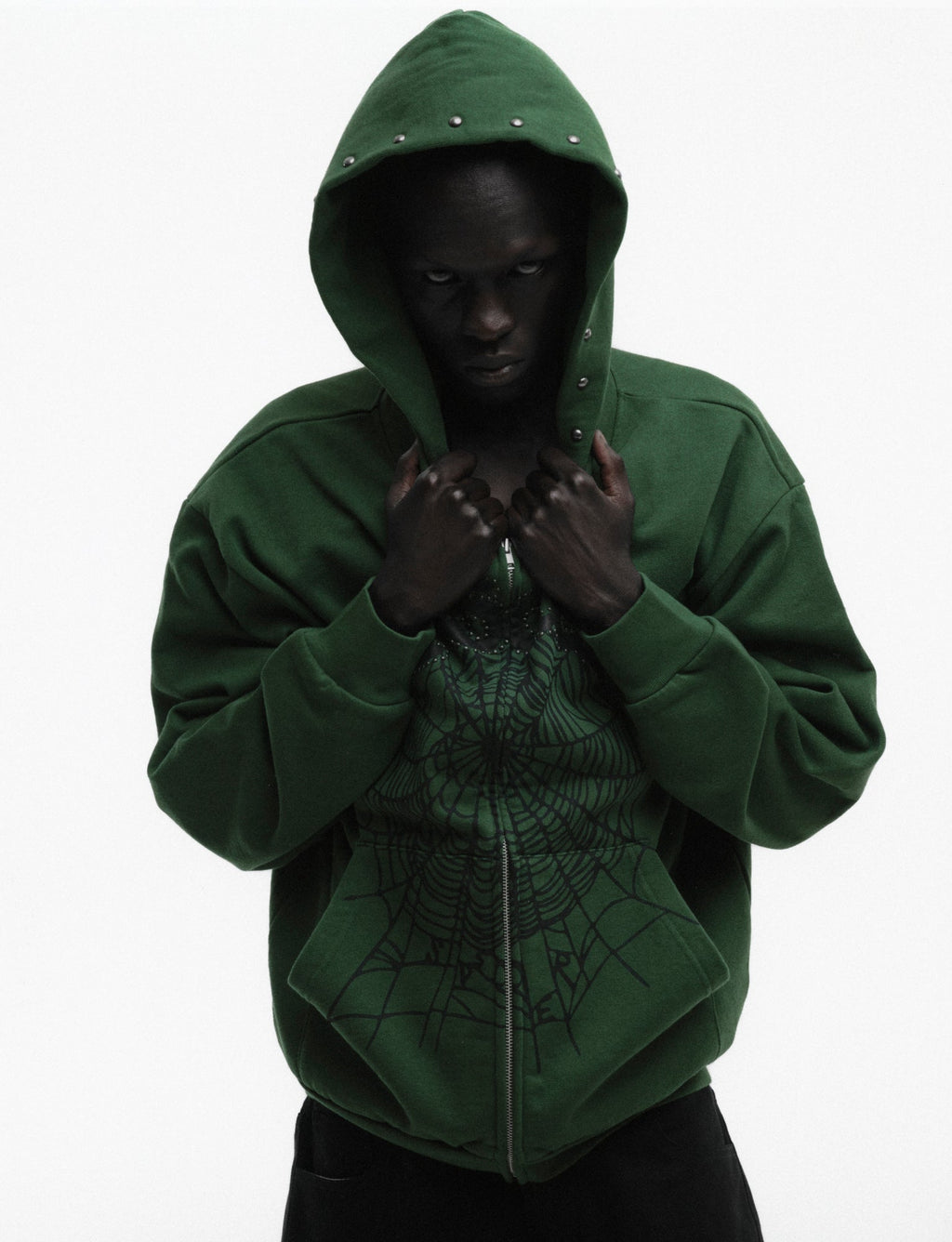 Sp5der Og Web Studded Zip Hoodie - Green