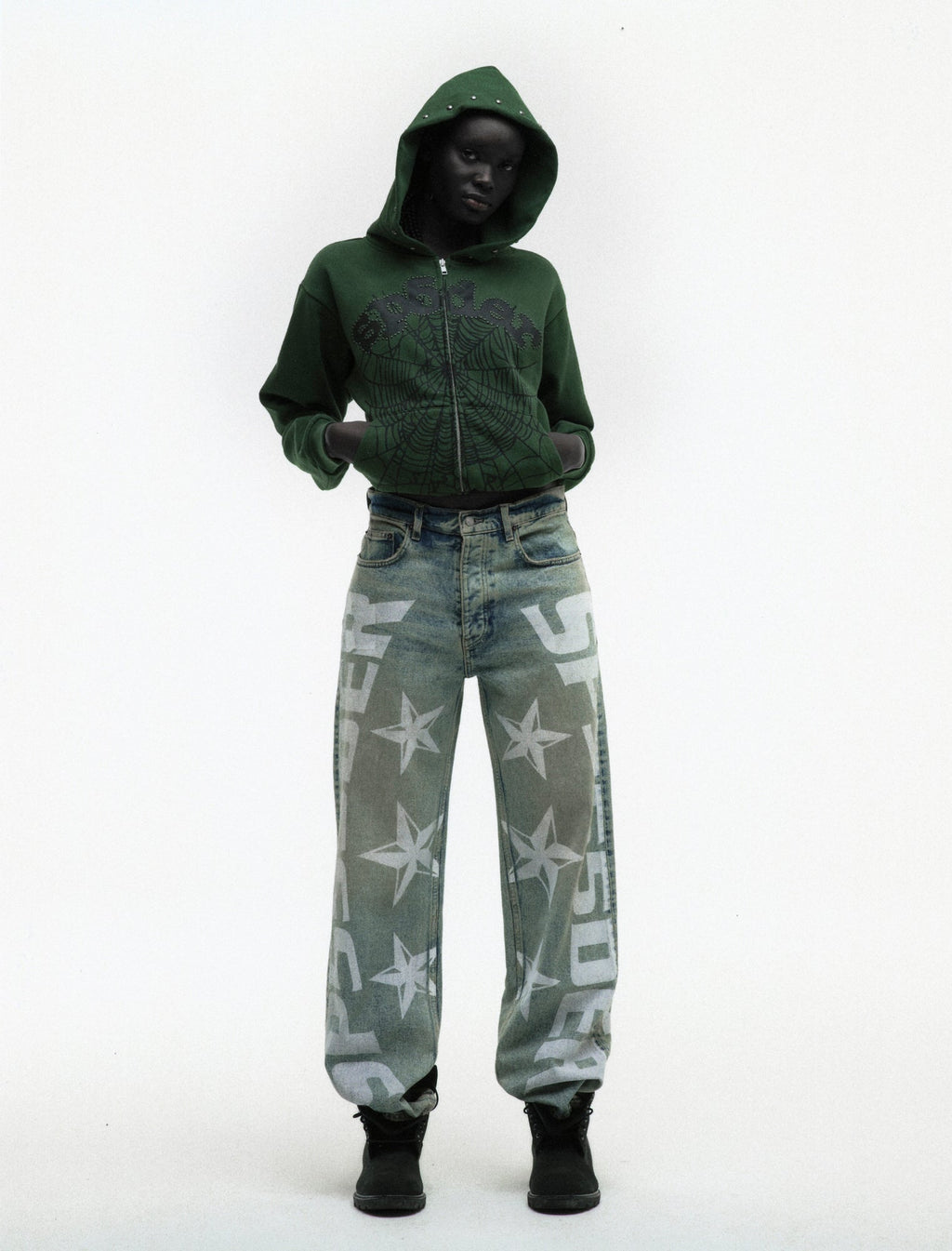 Sp5der Og Web Studded Zip Hoodie - Green
