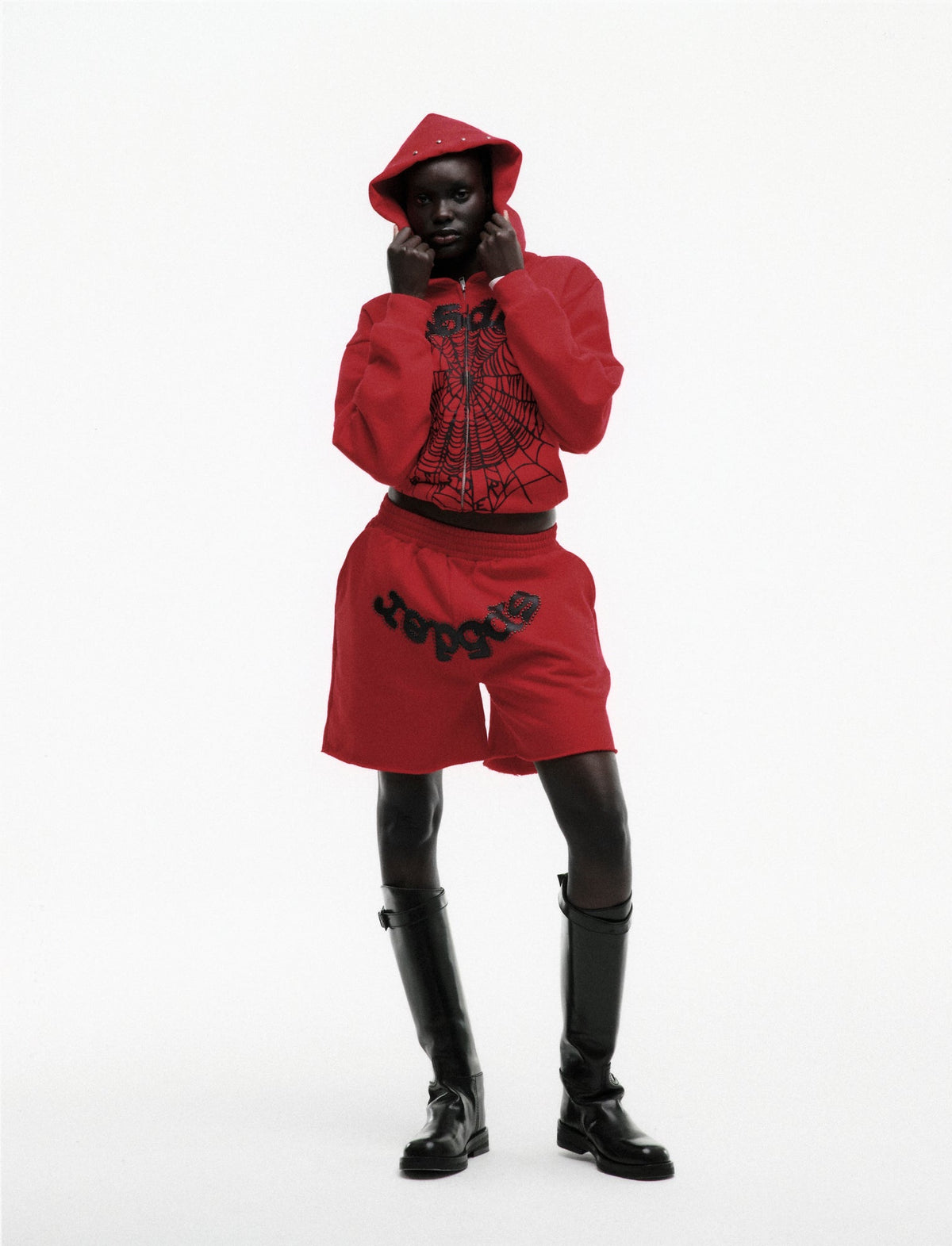 Sp5der Og Web Studded Zip Hoodie - Red