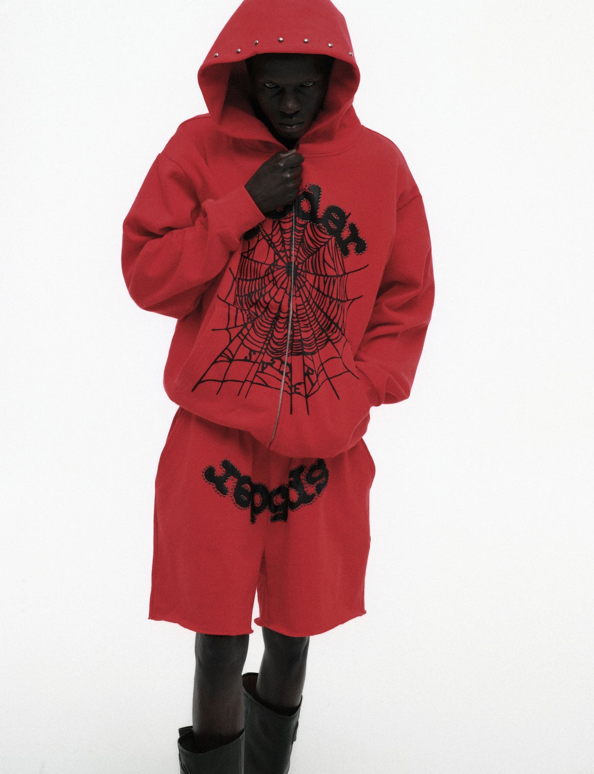 Sp5der Og Web Studded Zip Hoodie - Red