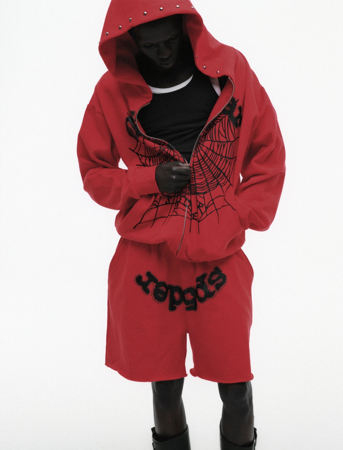 Sp5der Og Web Studded Zip Hoodie - Red