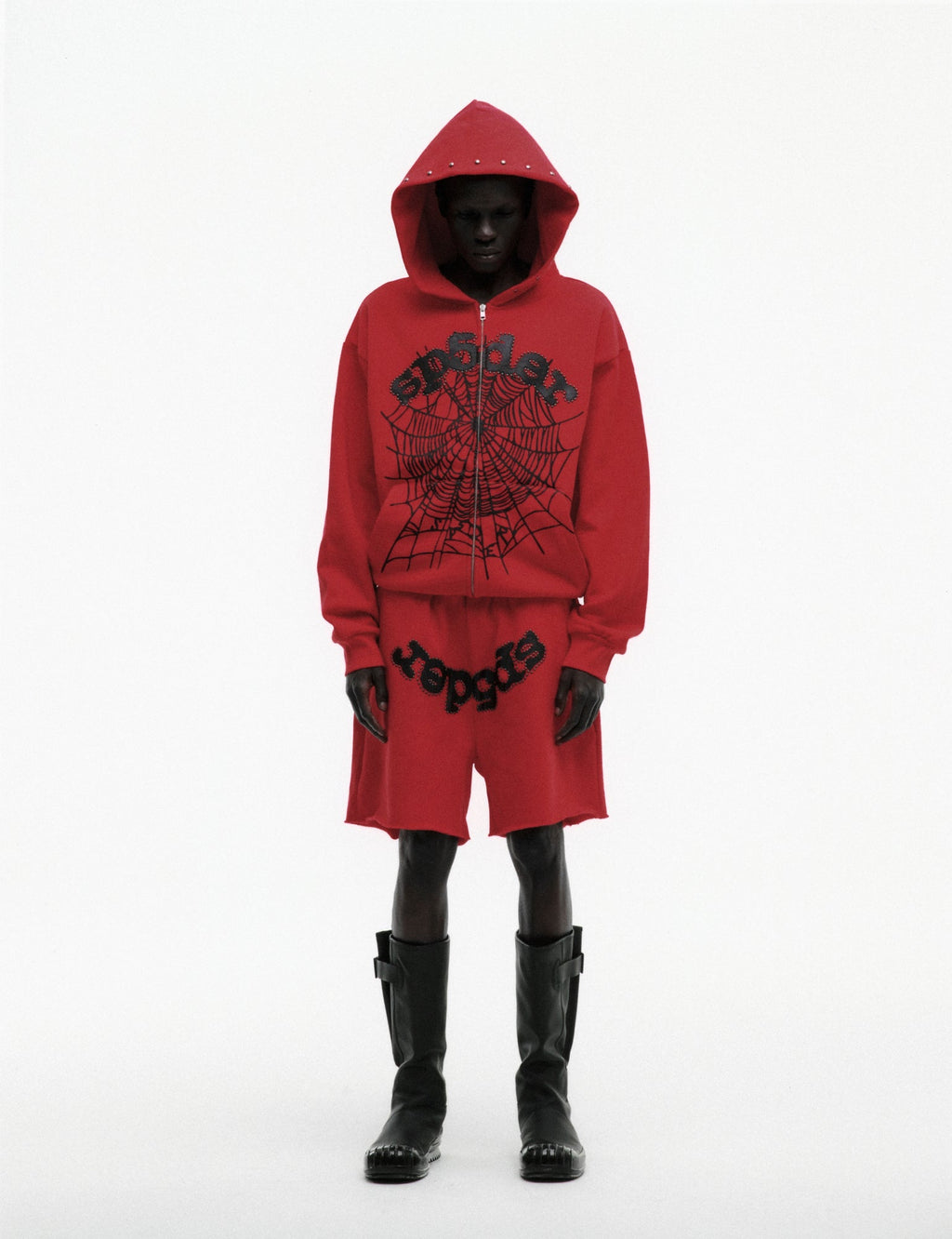 Sp5der Og Web Studded Zip Hoodie - Red
