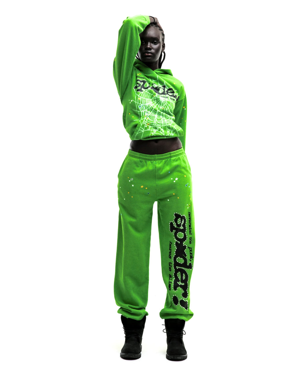 Sp5der Rhinestone Punk V2 Hoodie - Bright Green