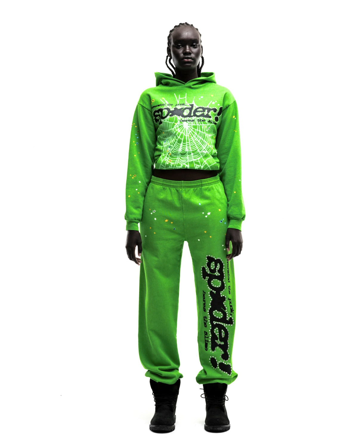 Sp5der Rhinestone Punk V2 Hoodie - Bright Green