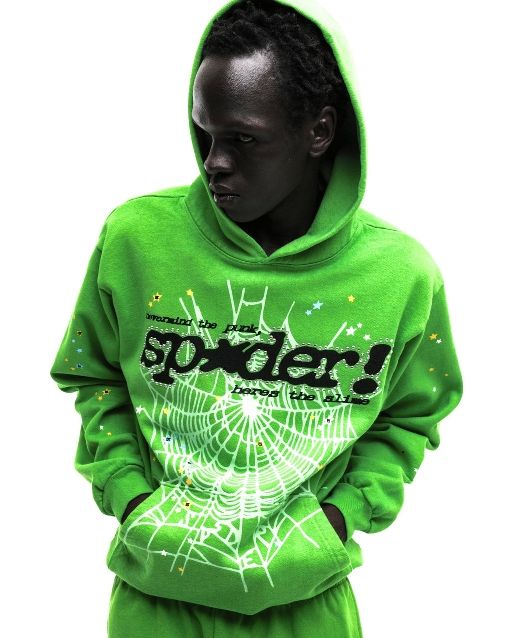 Sp5der Rhinestone Punk V2 Hoodie - Bright Green