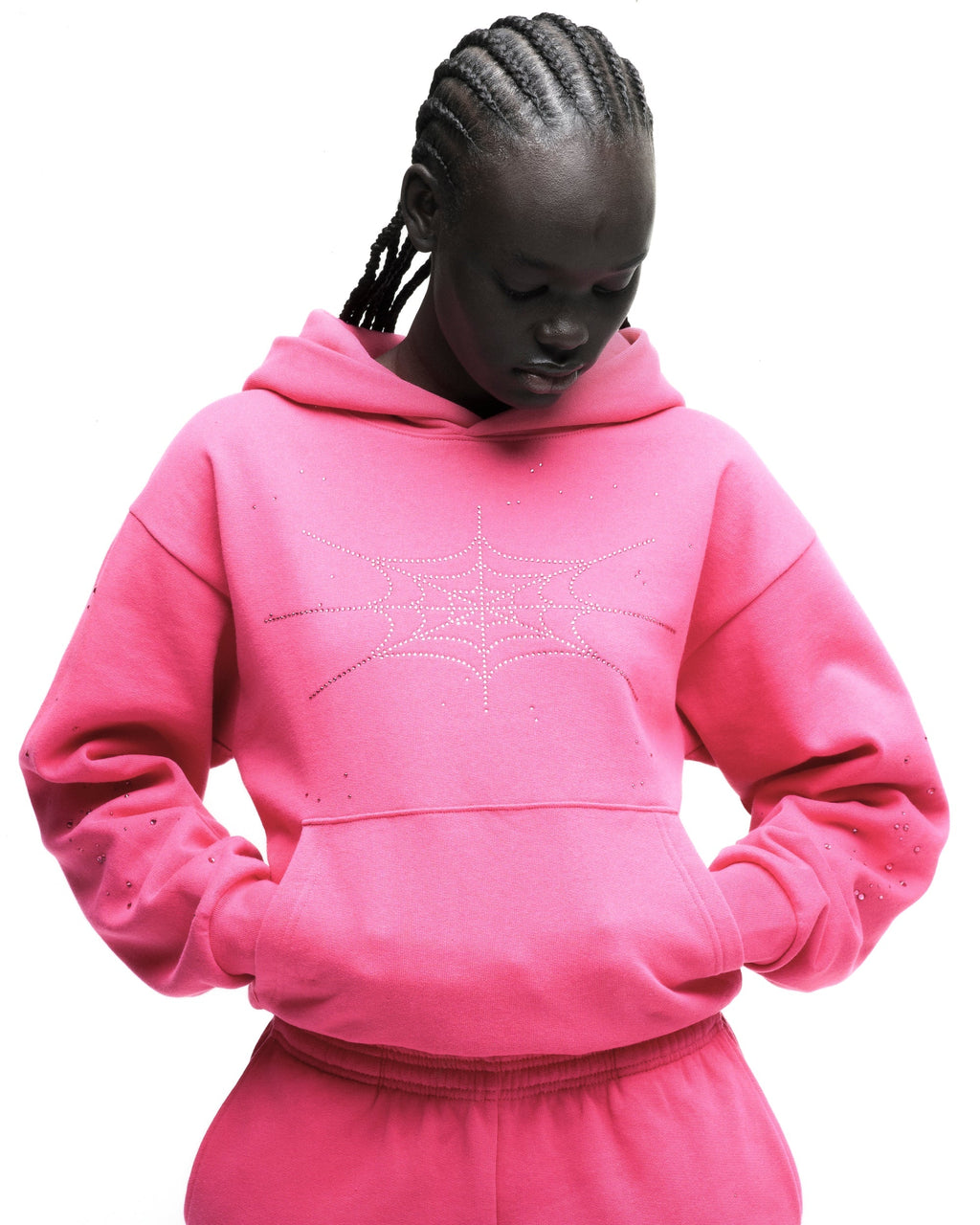 Sp5der Rhinestone Silk Hoodie - Pink