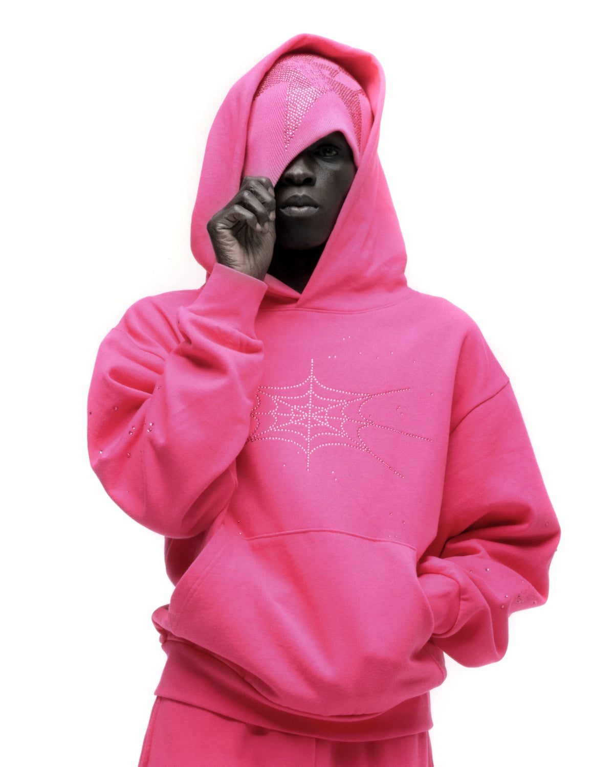 Sp5der Rhinestone Silk Hoodie - Pink