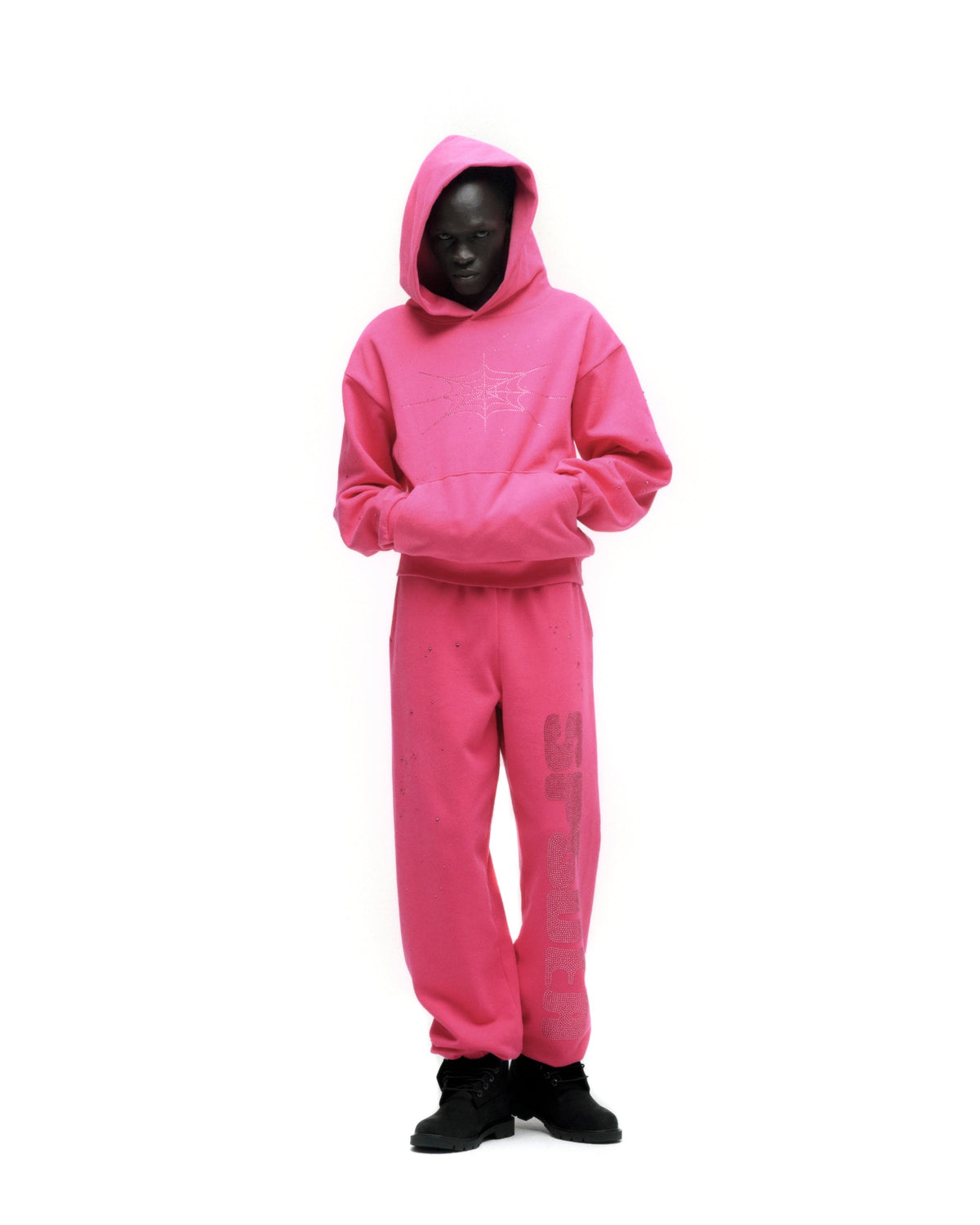 Sp5der Rhinestone Silk Hoodie - Pink