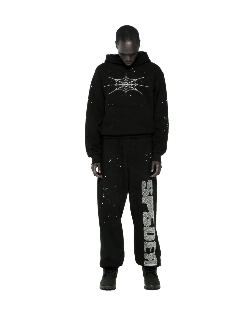 Sp5der Rhinestone Silk Hoodie - Black