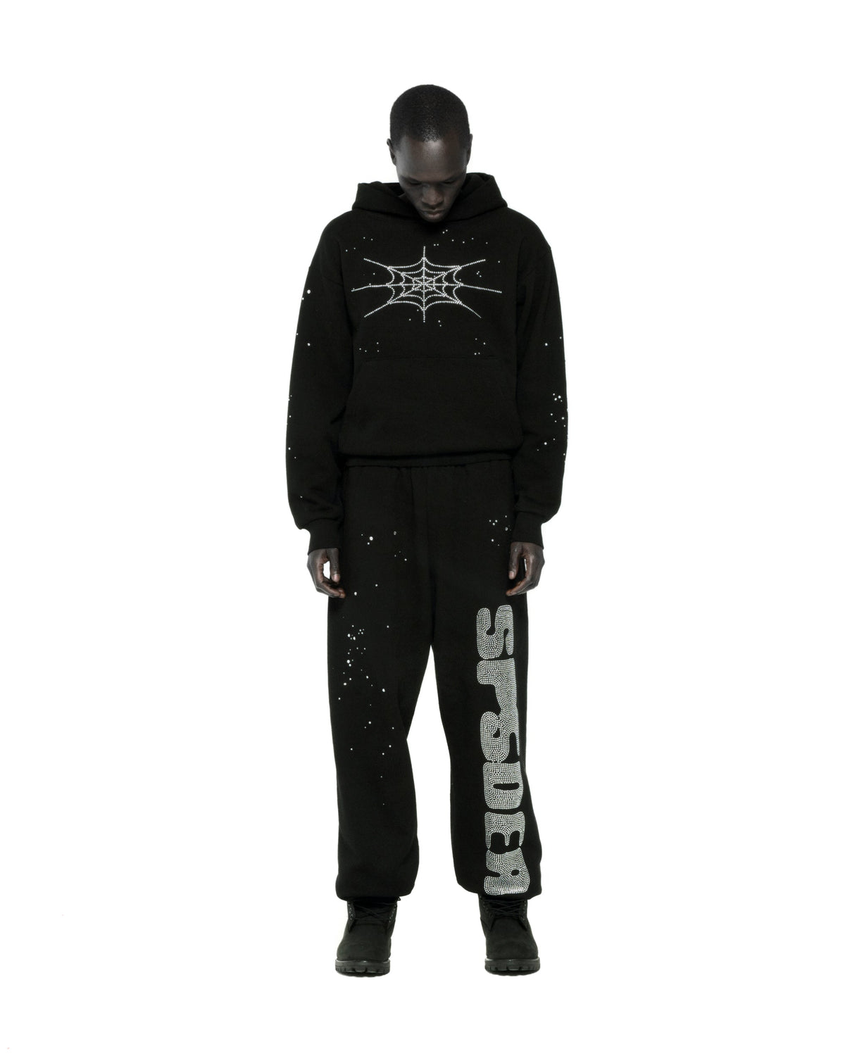 Sp5der Rhinestone Silk Hoodie - Black