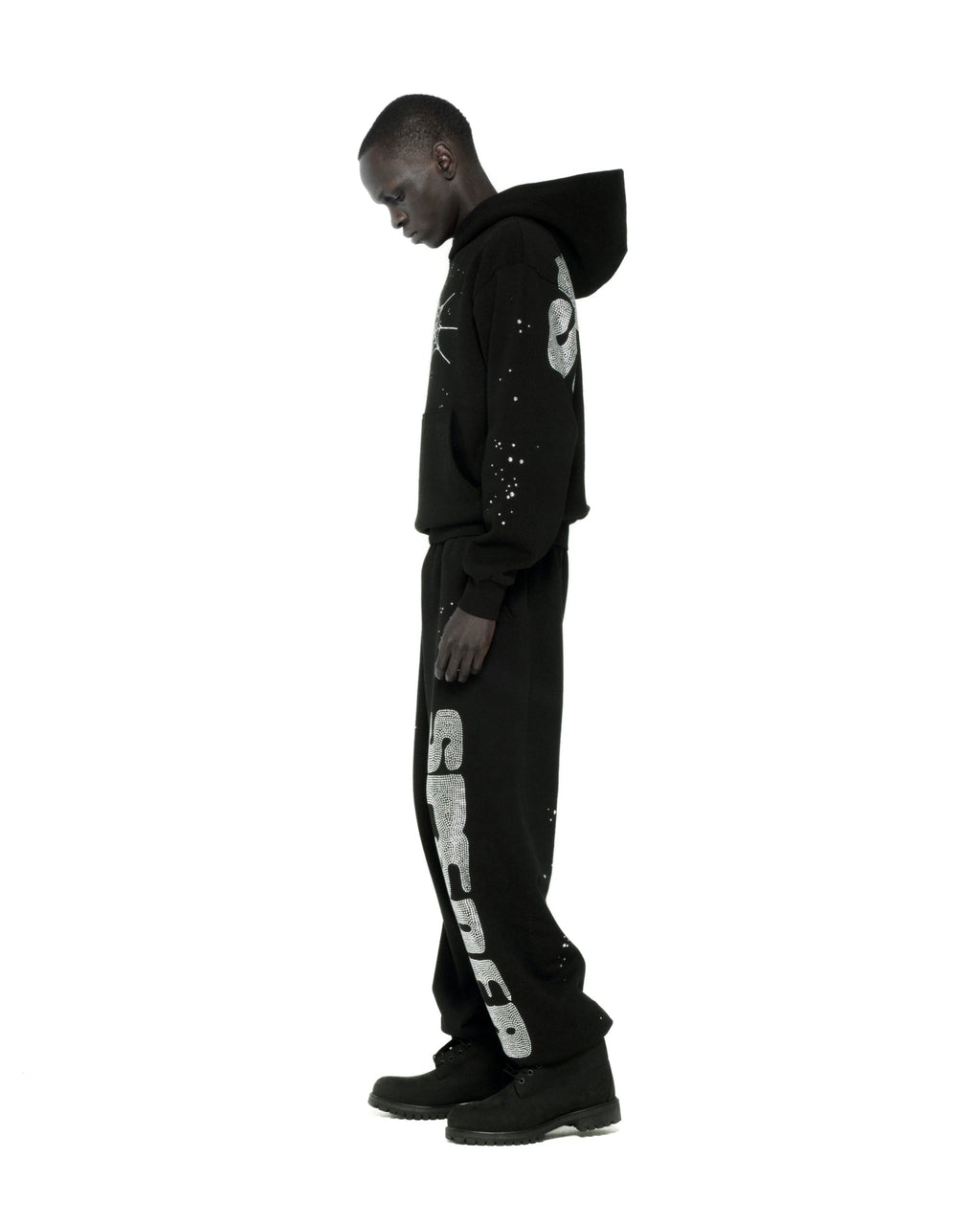 Sp5der Rhinestone Silk Hoodie - Black