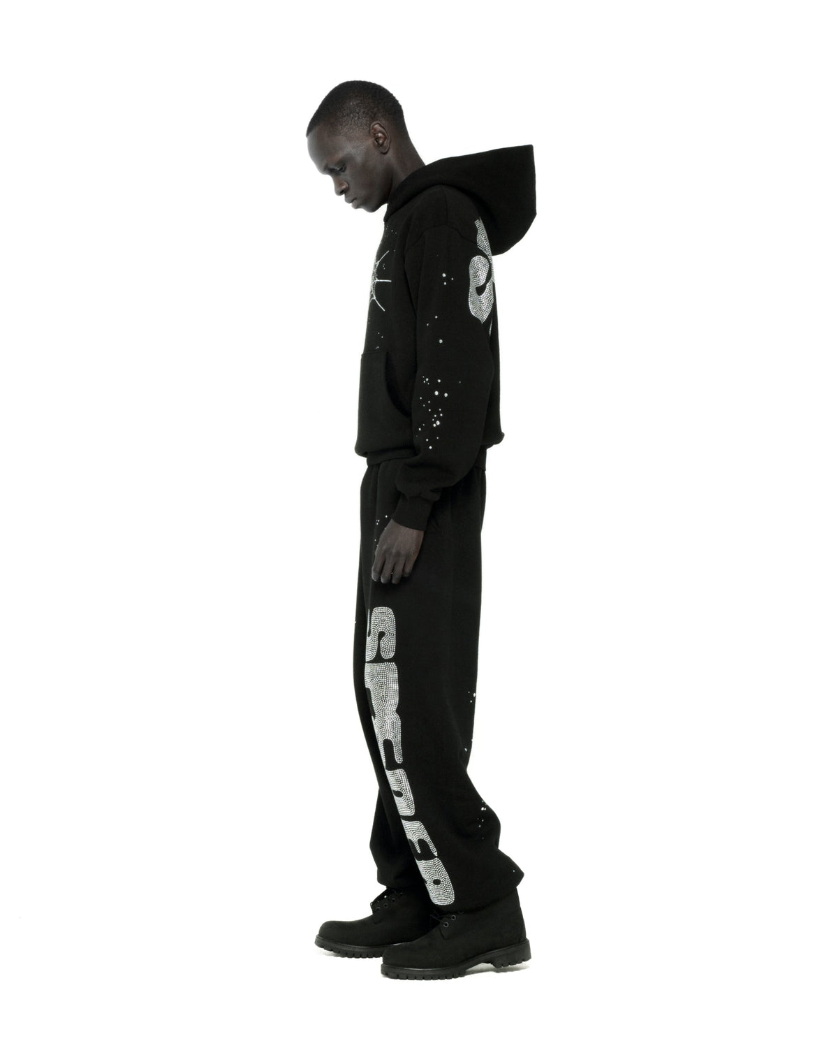 Sp5der Rhinestone Silk Hoodie - Black
