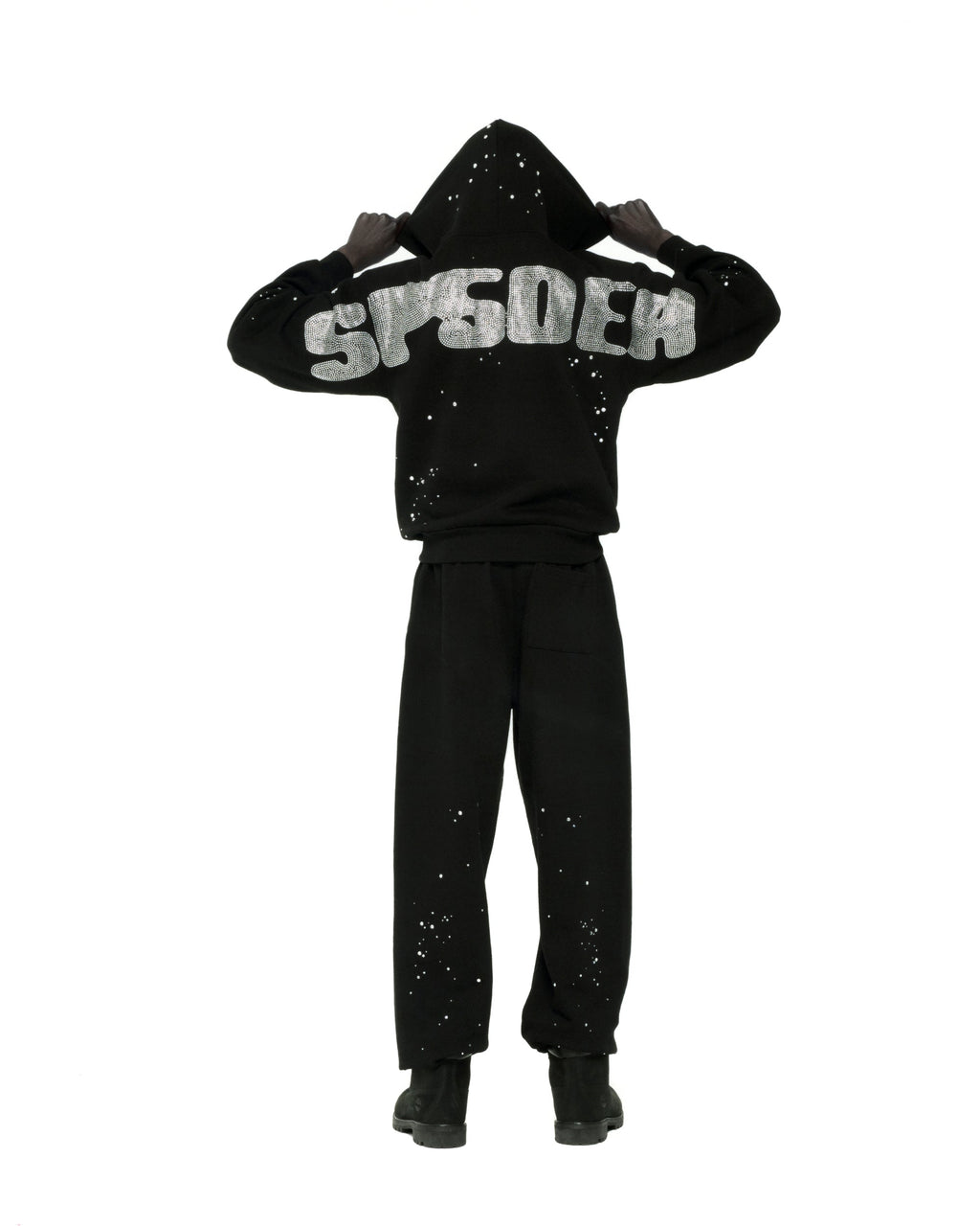Sp5der Rhinestone Silk Hoodie - Black