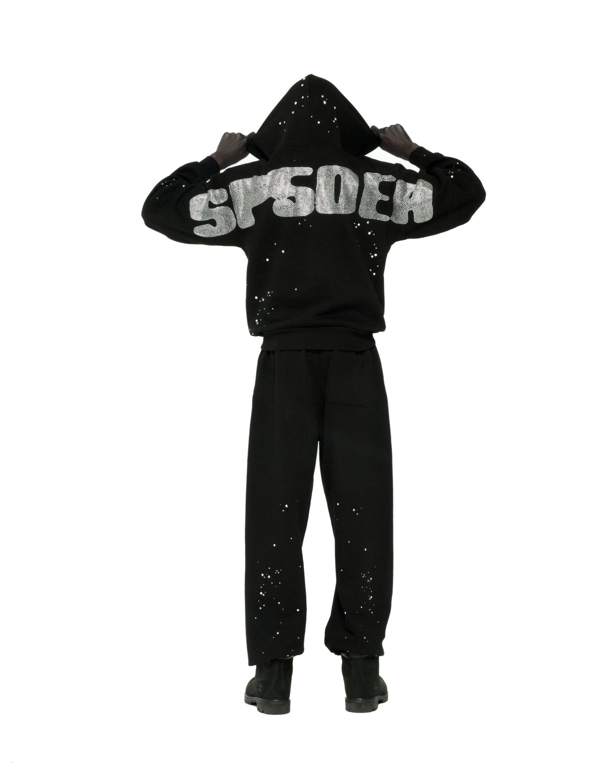 Sp5der Rhinestone Silk Hoodie - Black
