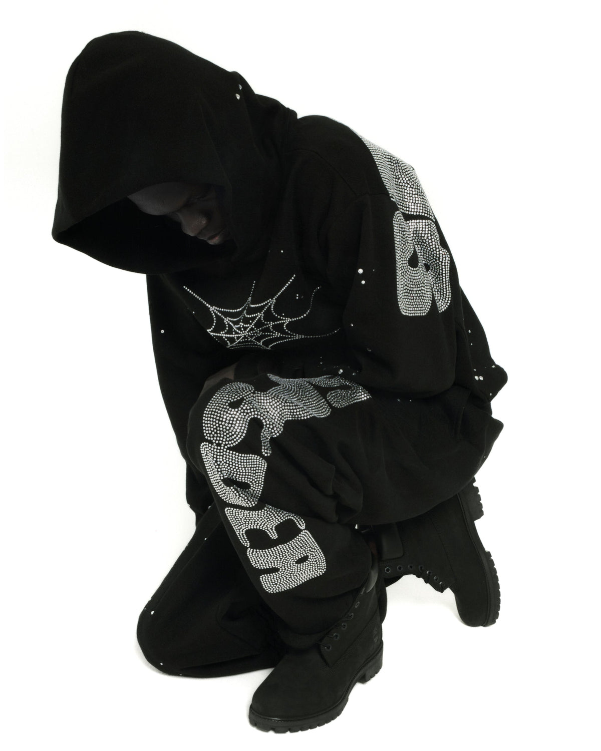 Sp5der Rhinestone Silk Hoodie - Black