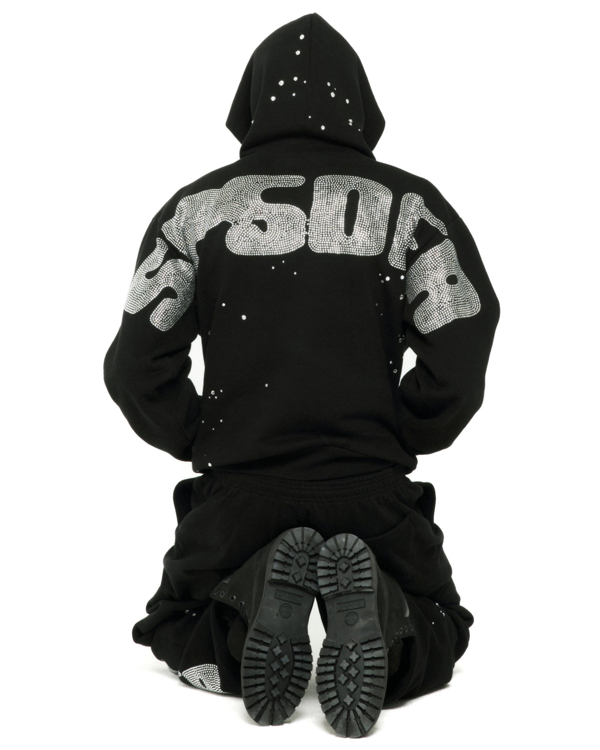 Sp5der Rhinestone Silk Hoodie - Black