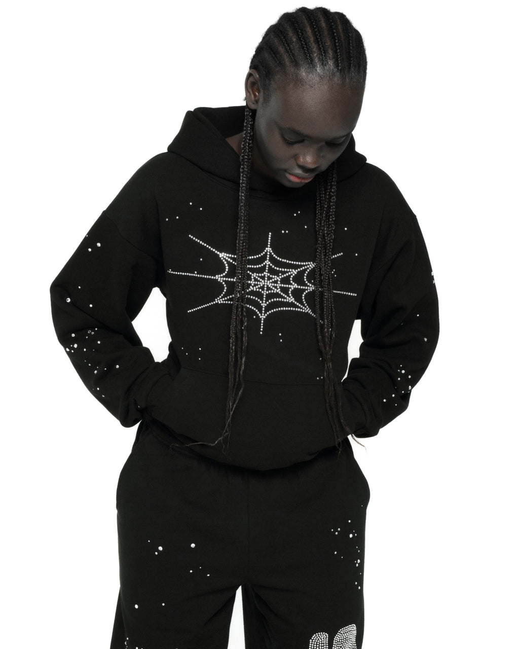 Sp5der Rhinestone Silk Hoodie - Black