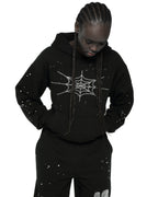 Sp5der Rhinestone Silk Hoodie - Black
