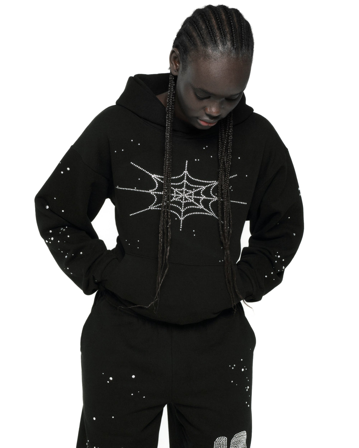 Sp5der Rhinestone Silk Hoodie - Black
