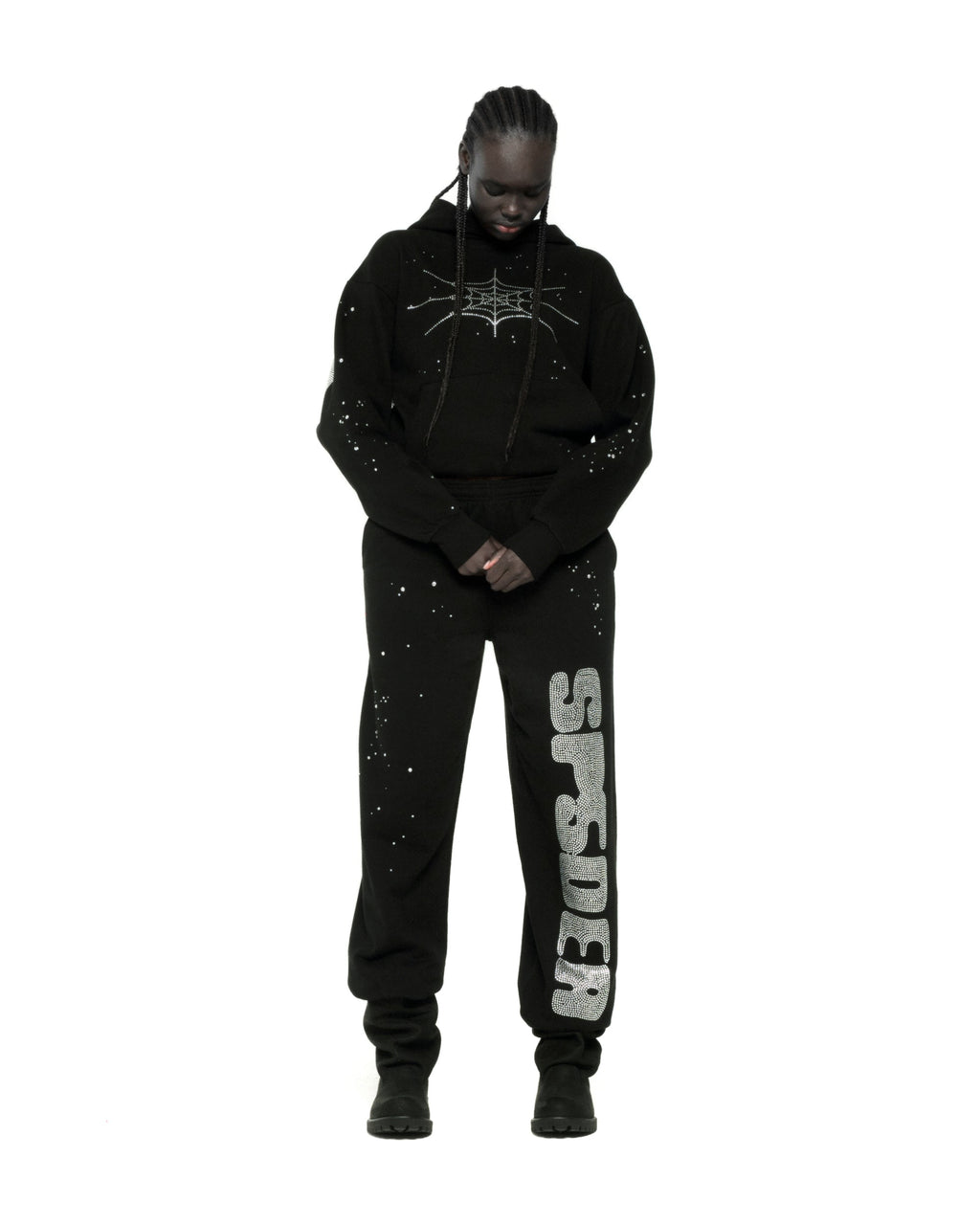 Sp5der Rhinestone Silk Hoodie - Black
