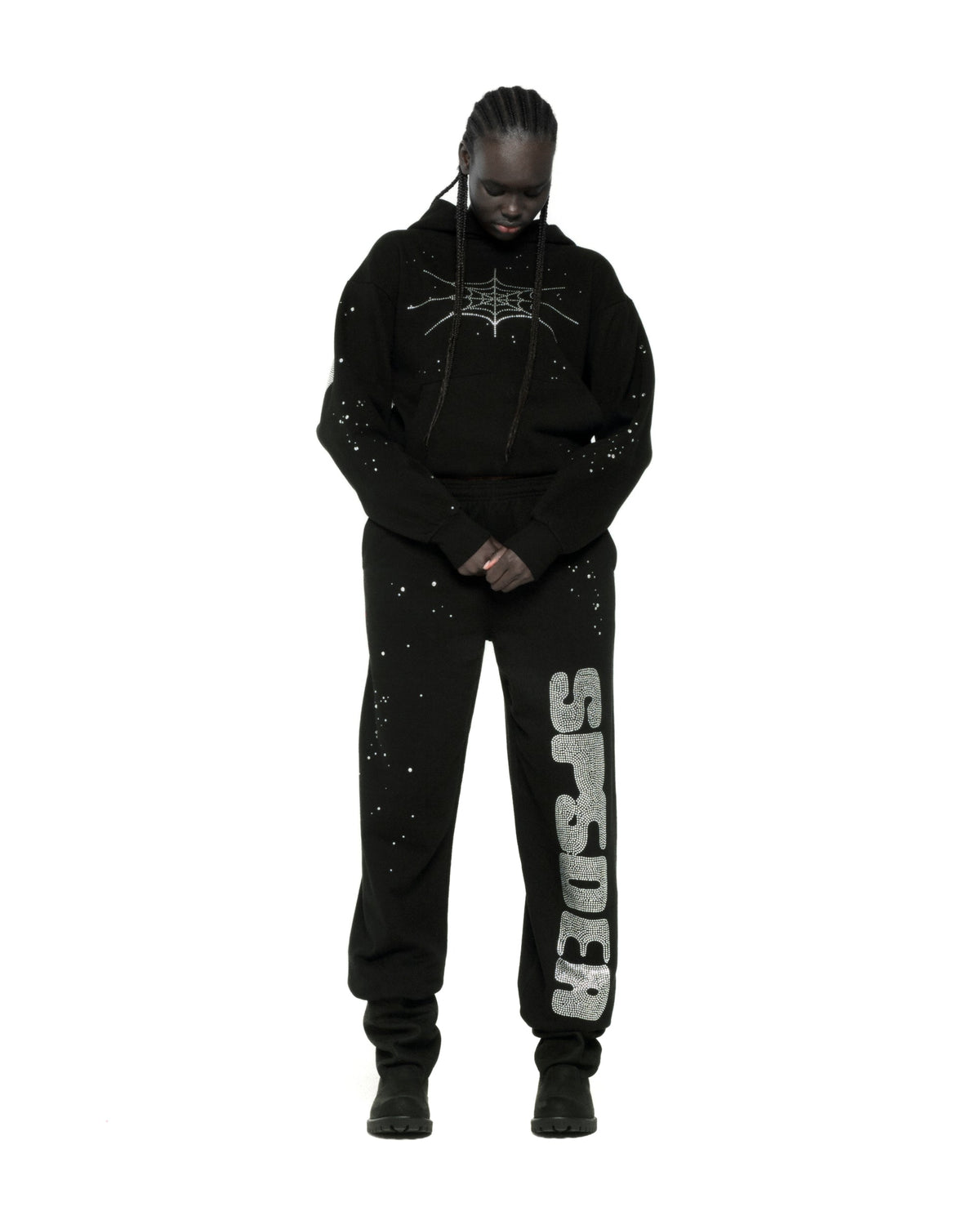 Sp5der Rhinestone Silk Hoodie - Black