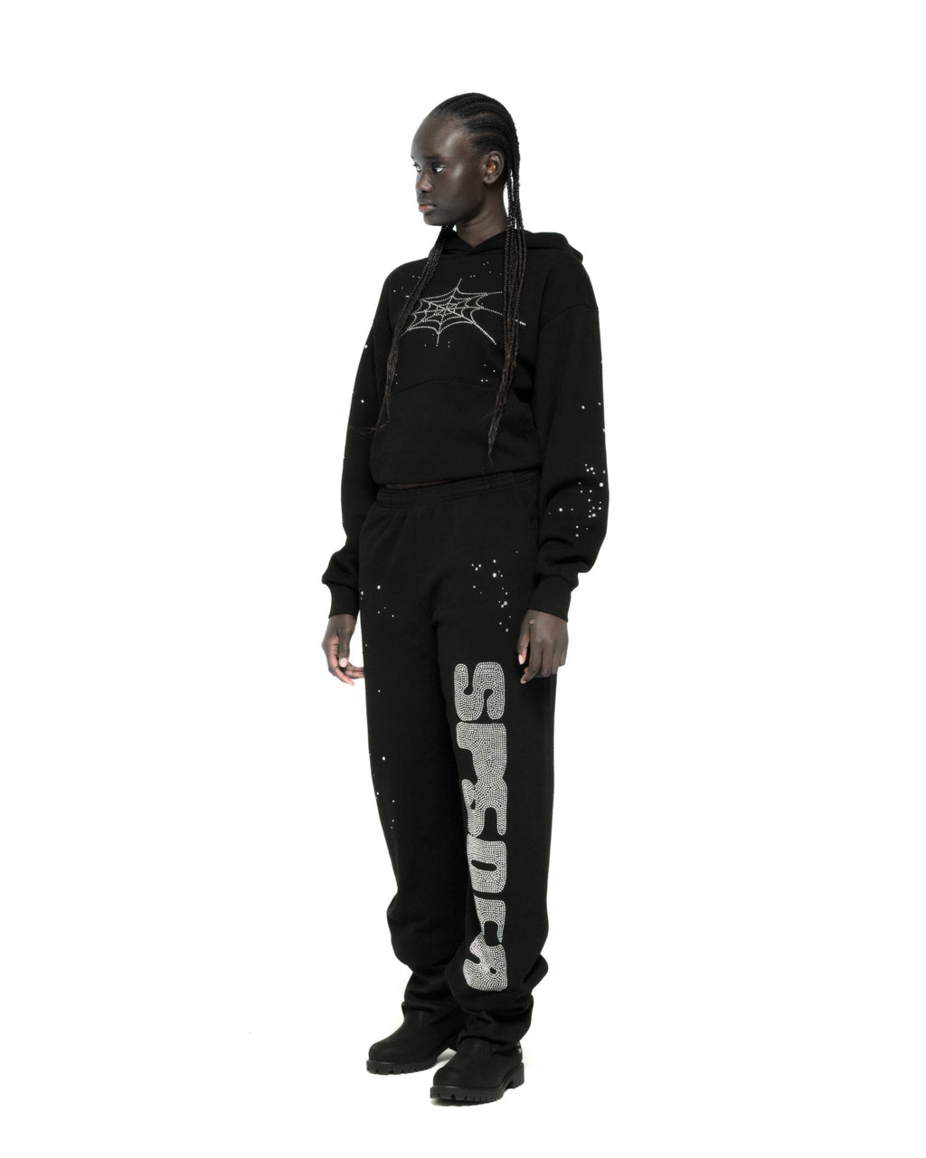 Sp5der Rhinestone Silk Hoodie - Black