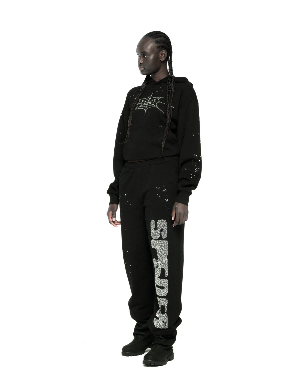 Sp5der Rhinestone Silk Hoodie - Black
