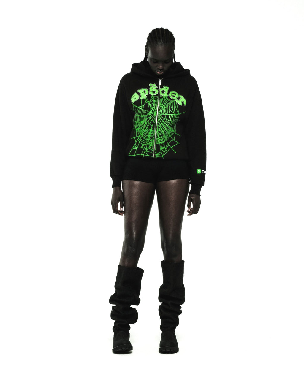 Sp5der Ca$h Og Web V2 Rhinestone Zip Hoodie - Black