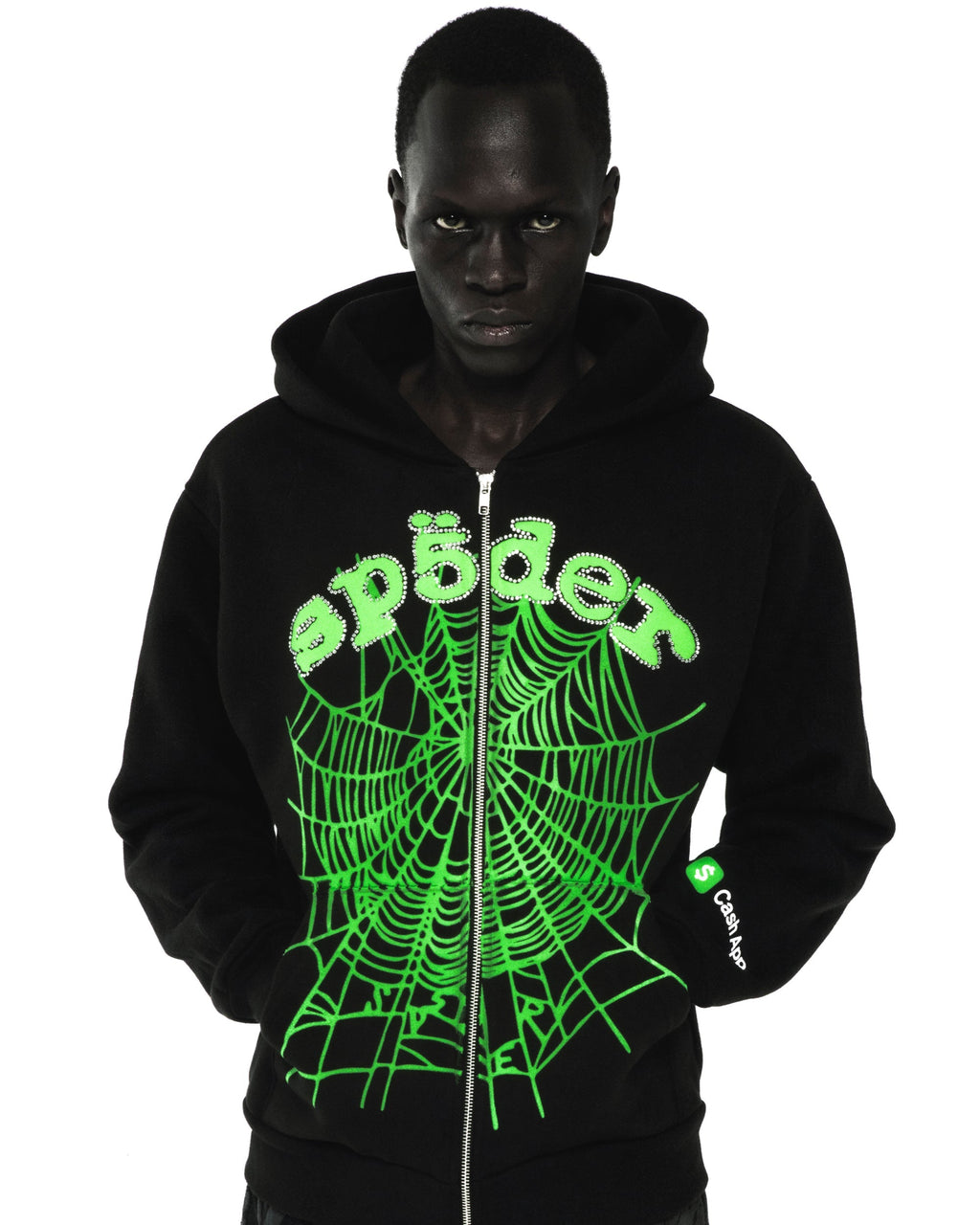 Sp5der Ca$h Og Web V2 Rhinestone Zip Hoodie - Black