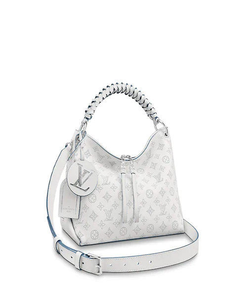 Front view of the Louis Vuitton Beaubourg Hobo MM in Snow and Bleu Orage Mahina leather
