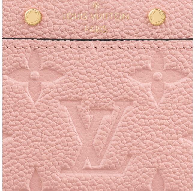 A close-up image showing the embossed monogram pattern on the leather