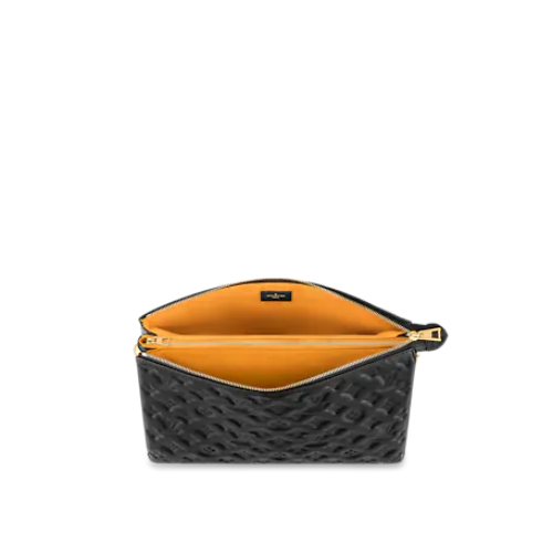 The bag displayed with its adjustable leather strap for shoulder wear