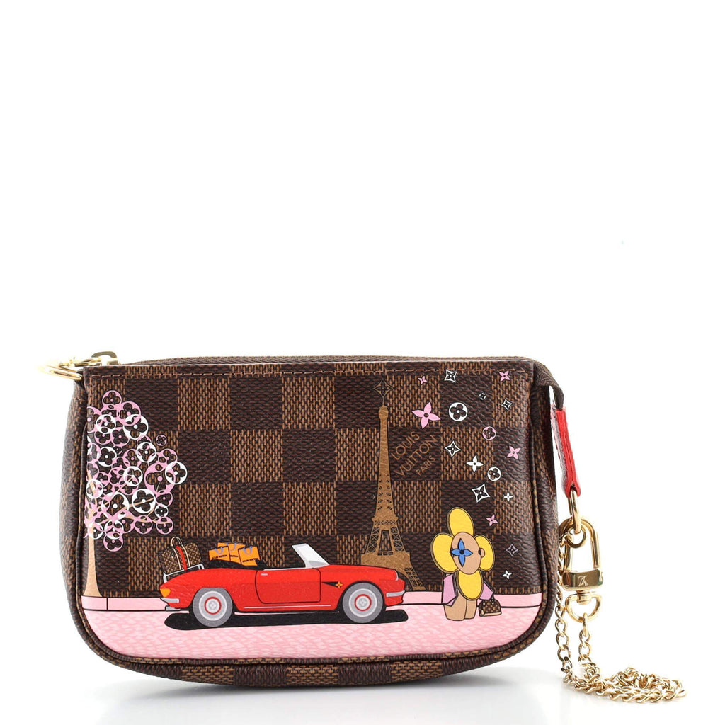 A front view of the Louis Vuitton Mini Pochette with the Vivienne illustration.