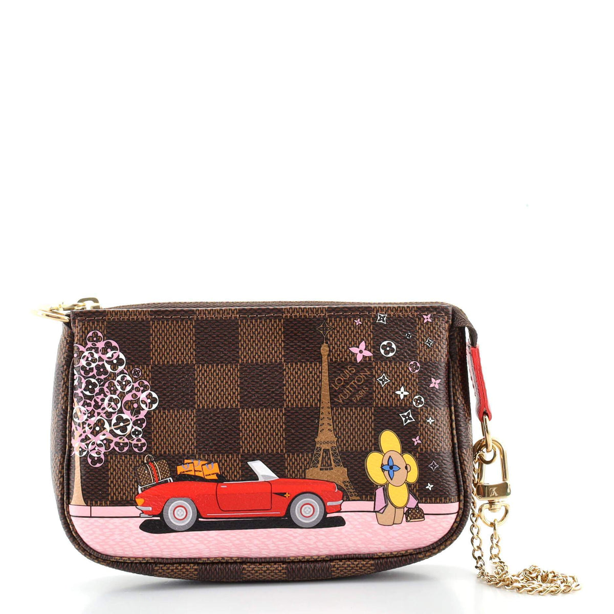 A front view of the Louis Vuitton Mini Pochette with the Vivienne illustration.