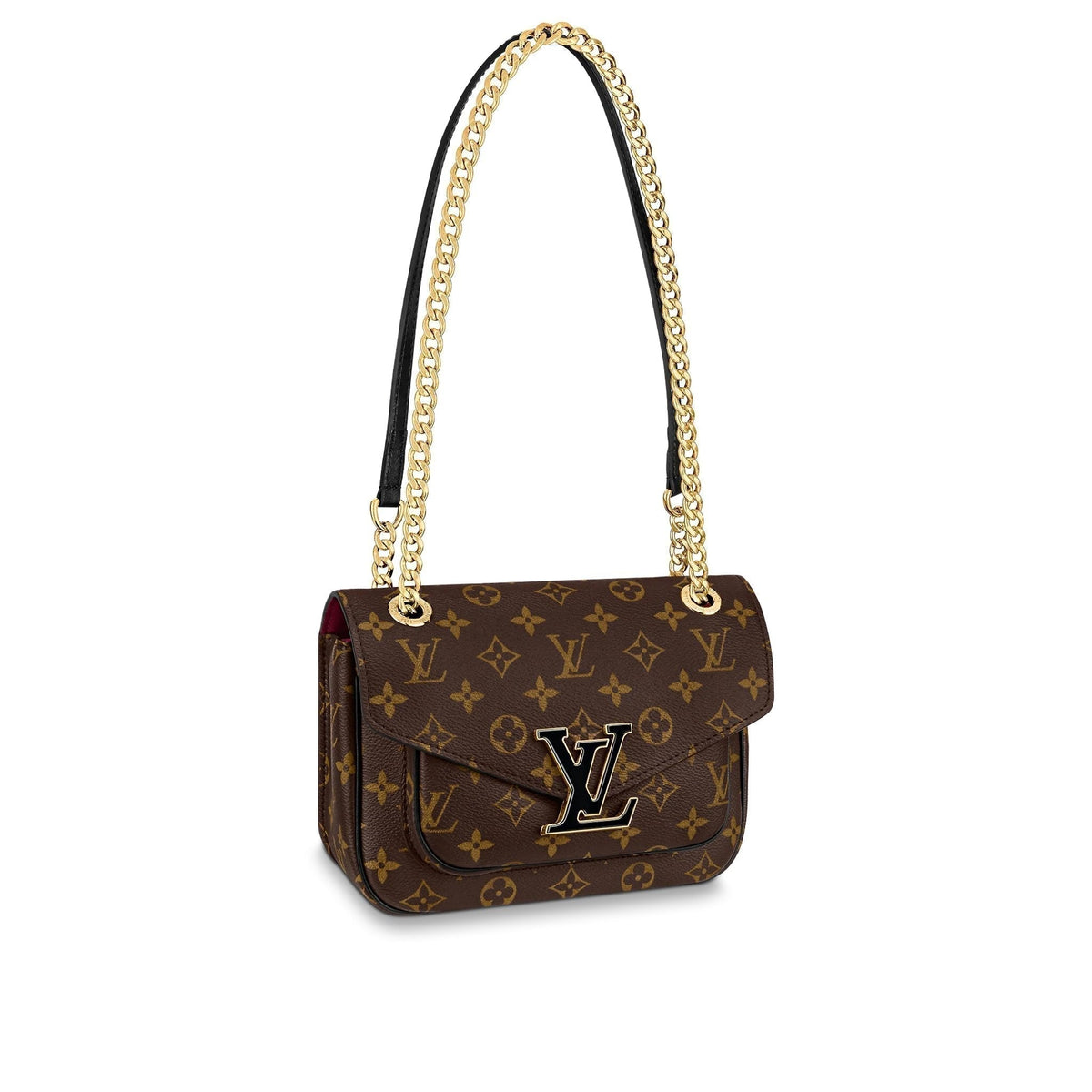 A front view of the Louis Vuitton Passy in Monogram canvas