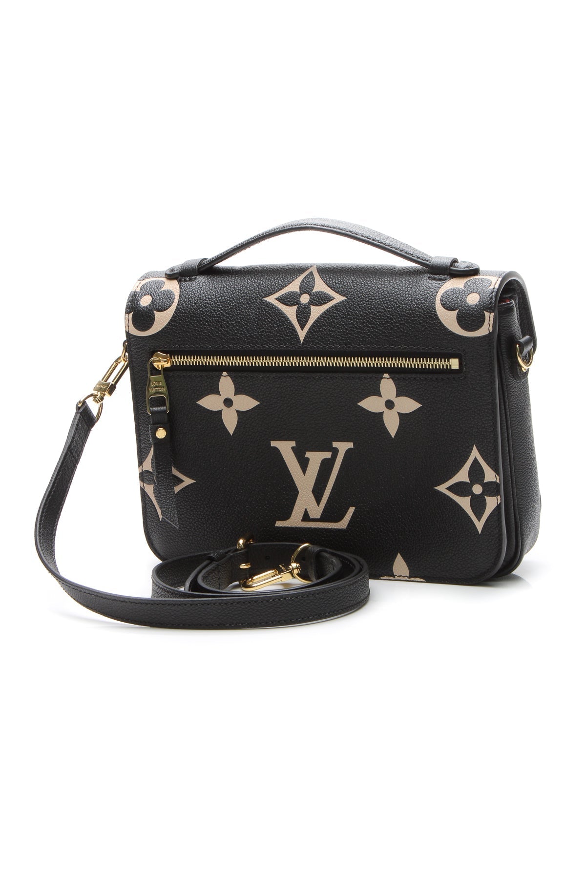 A side profile of the bag with its strap attached