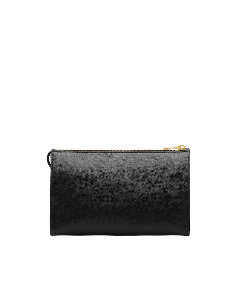 Side profile of the Saffiano leather clutch, highlighting its slim shape